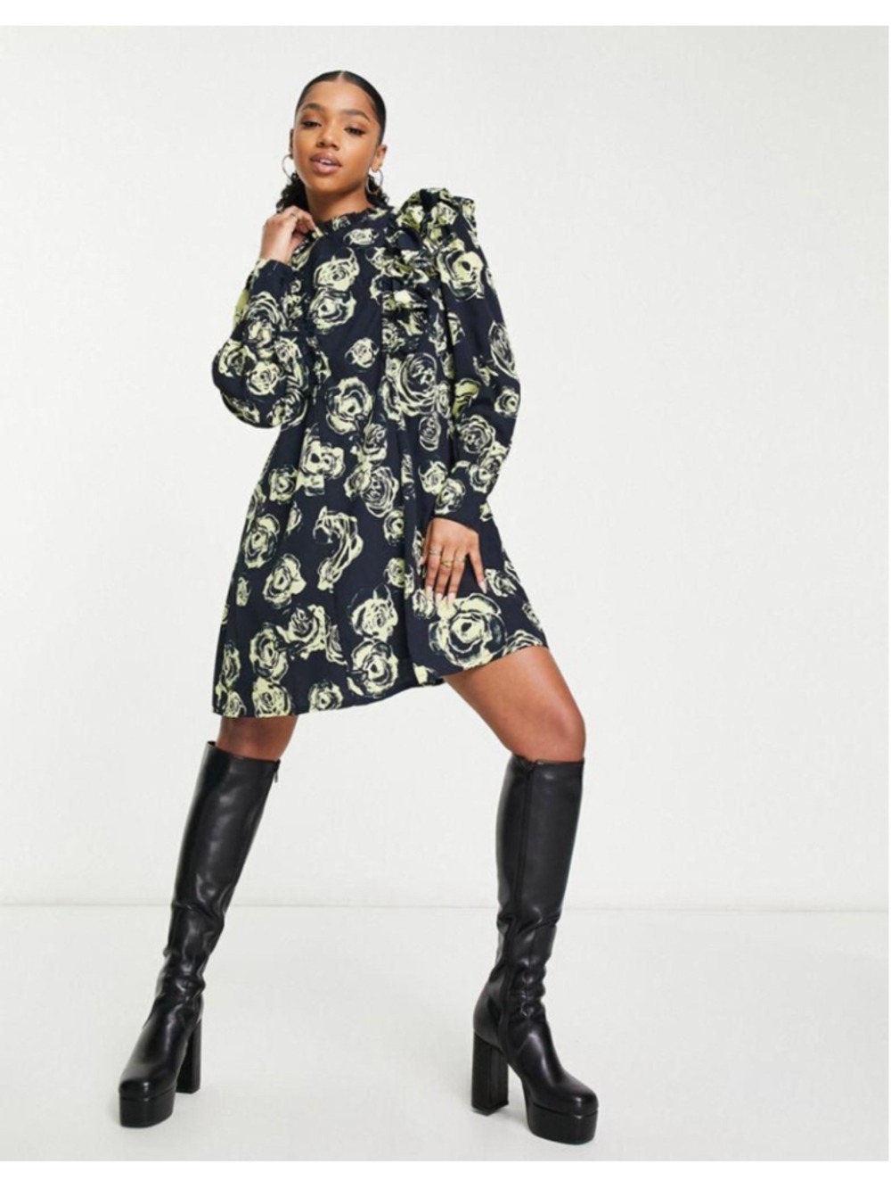 Vero Moda Aware Yellow Floral Ruffle Detail Mini Dress Avant Garde Size Small